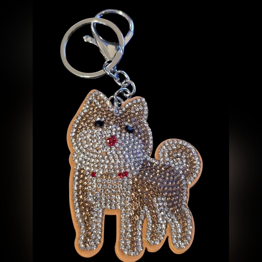 Sparkling Dog Bag Charm Keychain with Silver and Brown Accents